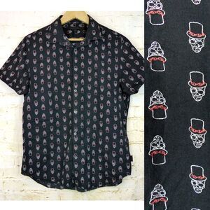 John Varvatos USA Shirt Mens M Black Skull Print Button Short Sleeve Cotton Rock